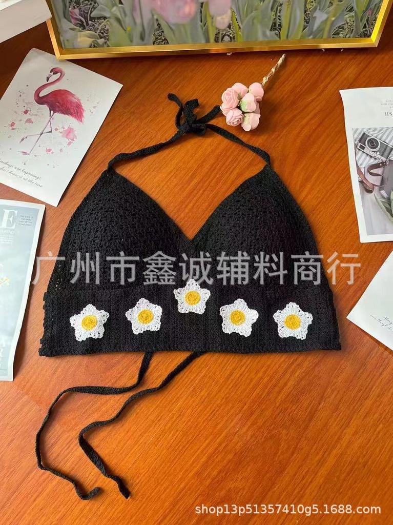 Neck small vest with chest pad, sling inside, shoulder-spilled backrest, hollow tube top, embroidered vest, women's summer short top