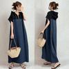 Summer 2026 Women's Japanese Style Hooded Patchwork Casual Loose Midi Dress with Short Sleeves