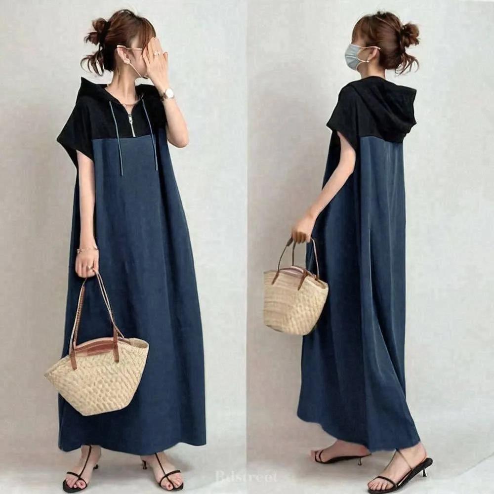 Summer 2026 Women's Japanese Style Hooded Patchwork Casual Loose Midi Dress with Short Sleeves