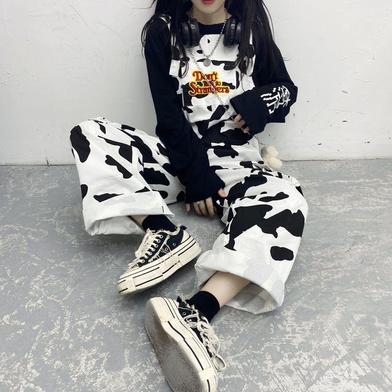 Hippie Cow Print Jumpsuits Harajuku Patterned Korean Style Overalls