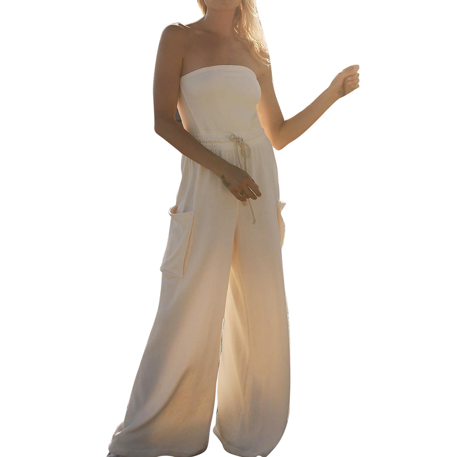 

Женский комбинезон с открытыми плечами, однотонный, с карманами, повседневный, облегающий, с завязками, без рукавов, комбинезон для M белый