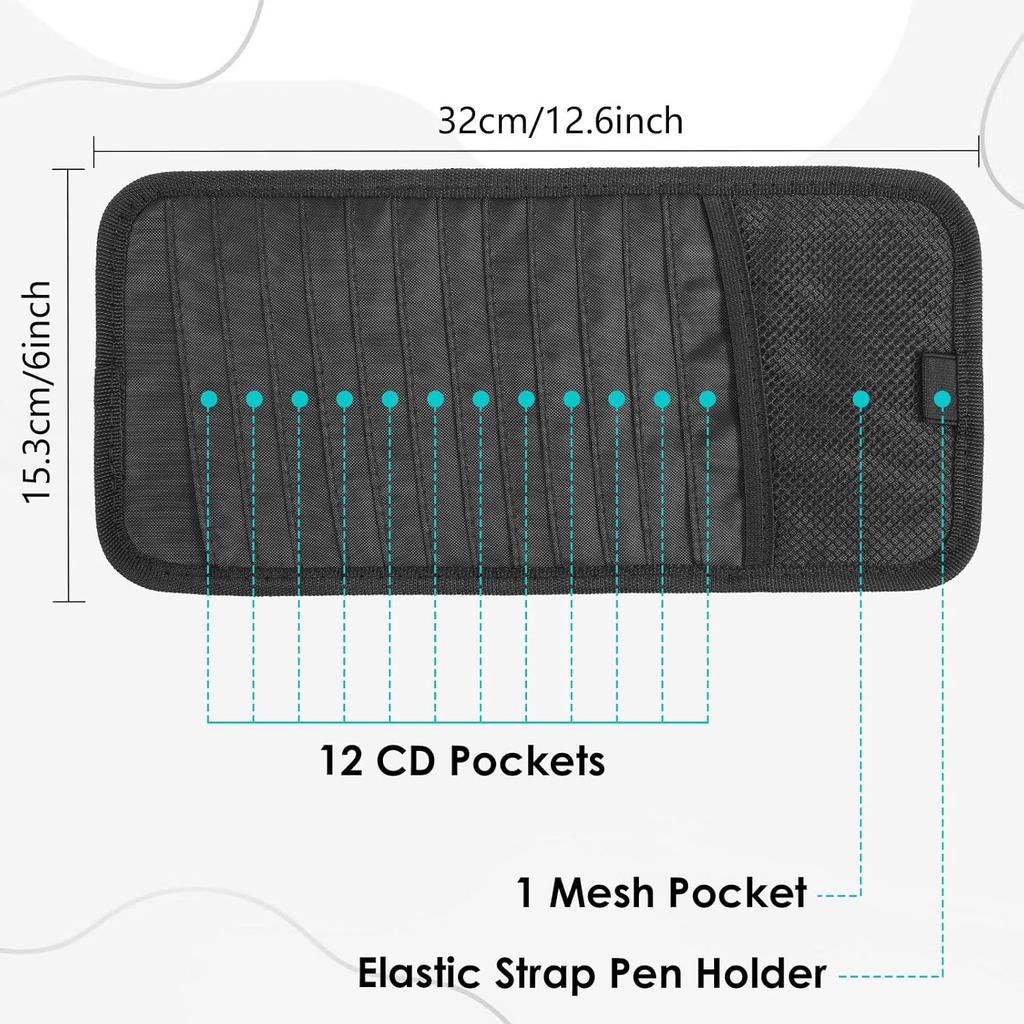 Black Car CD Case Holder DVD Vehicle Visor Storage Orangizer Large Capacity CD Visor Case With 12 DVD Storage Sleeves 1 Mesh Pocket 1 Pen Holder And