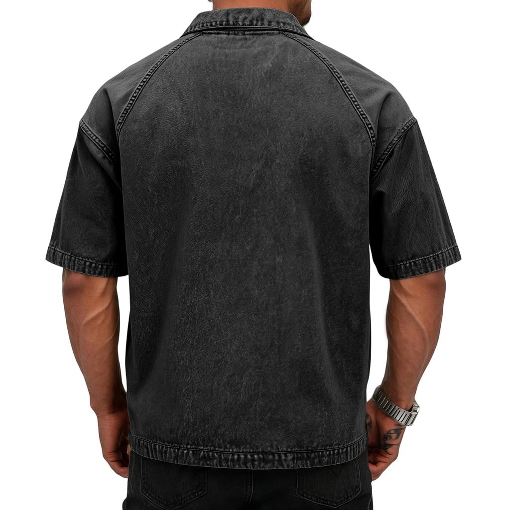 Men's Casual American Style Washed Cotton Vintage Short Sleeve Fitted Polo Shirt with Zip Collar Retro Trendy Design Comfortable Fit