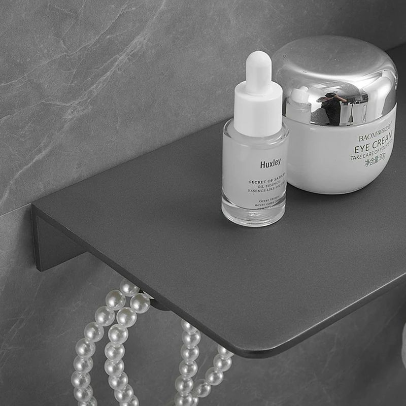 Gun Gray Bathroom Shelf With Hook Wall Mounted Shower Organizer Holder Black Aluminum Storage Rack Bathroom Shelving