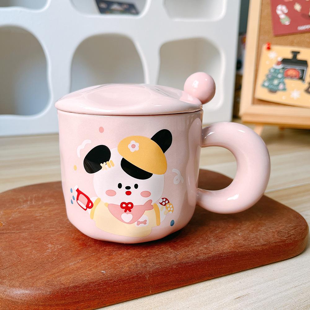 Cute Cartoon Puppy Couple Ceramic Cup Mug Water Cup Girls Boys Gift Souvenir with Cover Spoon