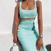 Crop Top Slim Print Elastic Waist Women Skirt Set Long Length Skirt U Neck Tank Ladies Two Piece Set