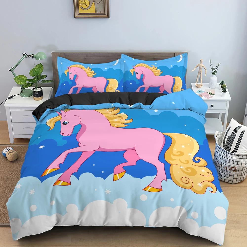 Unicorn Duvet Cover King Queen Cartoon Animal Bedding Set Kids Teens Adults Lovely White Magical Creatures Polyester Quilt Cover