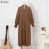 ZANZEA Women Stand Collar Loose Casual Long Sleeve Long Dress