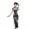 Temperament slim young lady wind flower dill satin long cheongsam 1011 spring and summer new daily wear new Chinese style