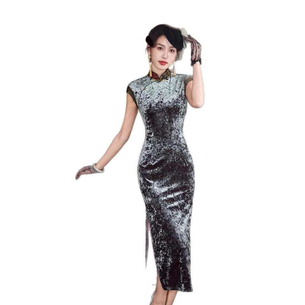 Temperament slim young lady wind flower dill satin long cheongsam 1011 spring and summer new daily wear new Chinese style