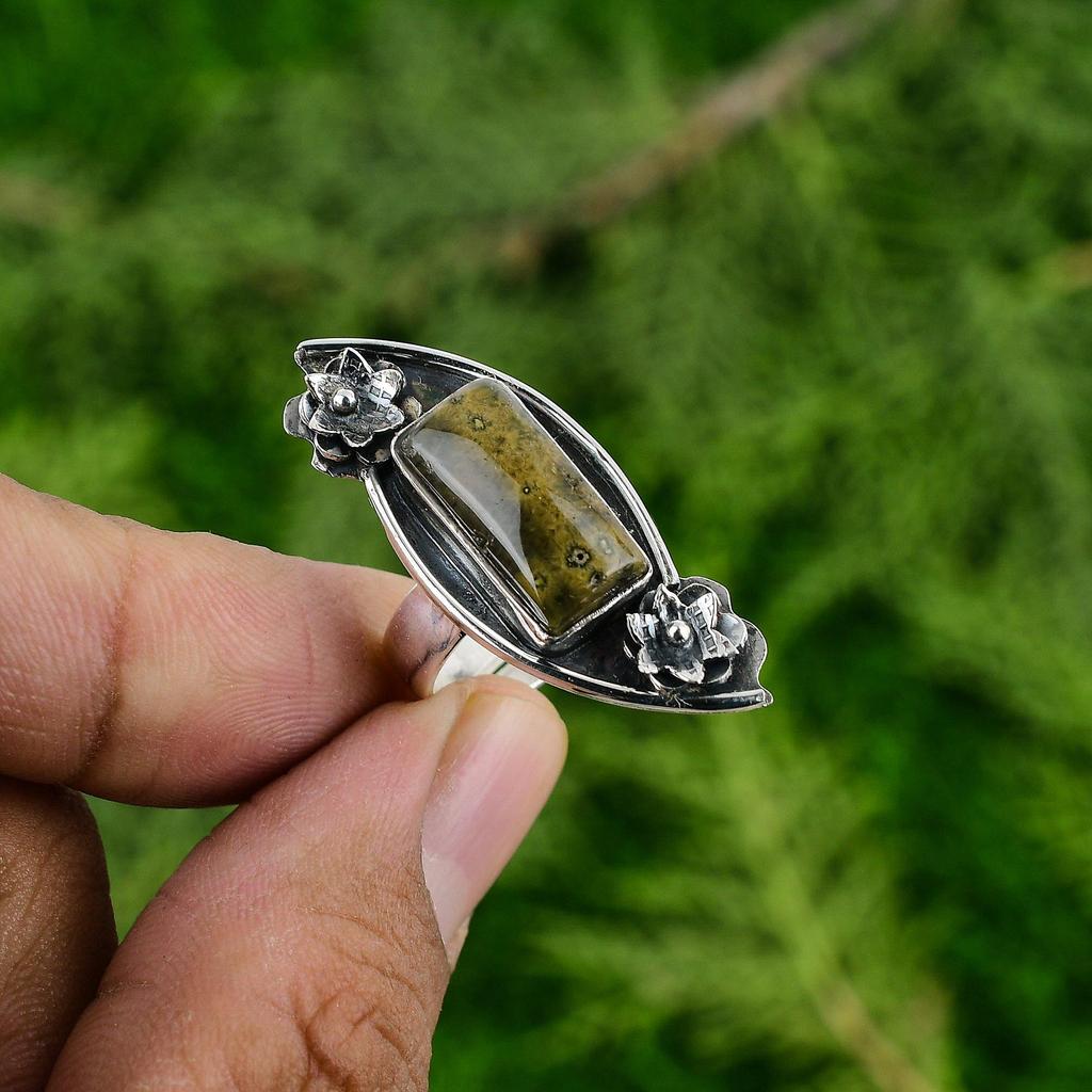 Natural Ocean Jasper Statement Flower Adjustable Ring 925 Silver For Women