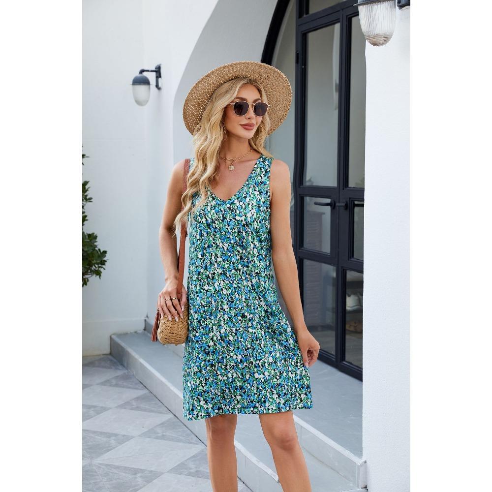 Verão Novo Regata Estampada Estilo Boêmio Vestido Solto Casual Sem Mangas