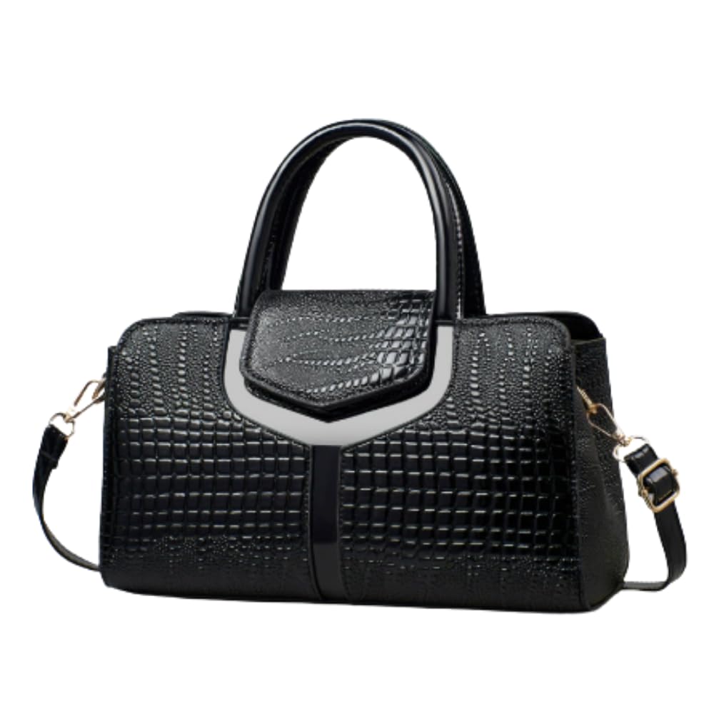 

ORIJIRI Women s Crocodile-Style Shoulder BagHandbag, Popular Large Capacity, 2-Way Bag, Cute PU Leather (Black)