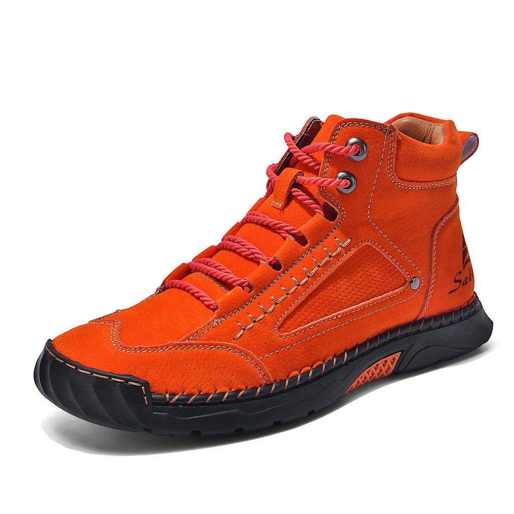 Large-size men's high-top leather boots Hand-stitched ankle boots Flat-soled lace-up casual shoes