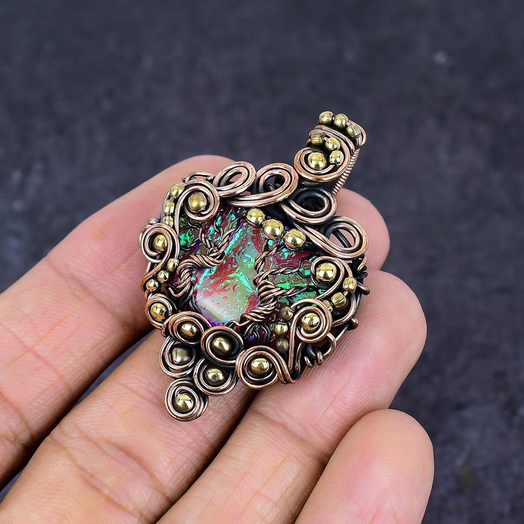 Pink Triplet Opal Gemstone Copper Wire Wrap Jewelry Pendant 2.05"