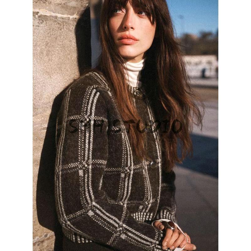 25 Spring New Women's Clothing Idle Style Plaid Printed round Neck Long Sleeves Knitting Cardigan Outwear 6236006
