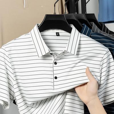 Maulbeerseide Kurzarm T-Shirt Atmungsaktiv Herren Gestreiftes Revers Poloshirt Business Halbarm Oberteil