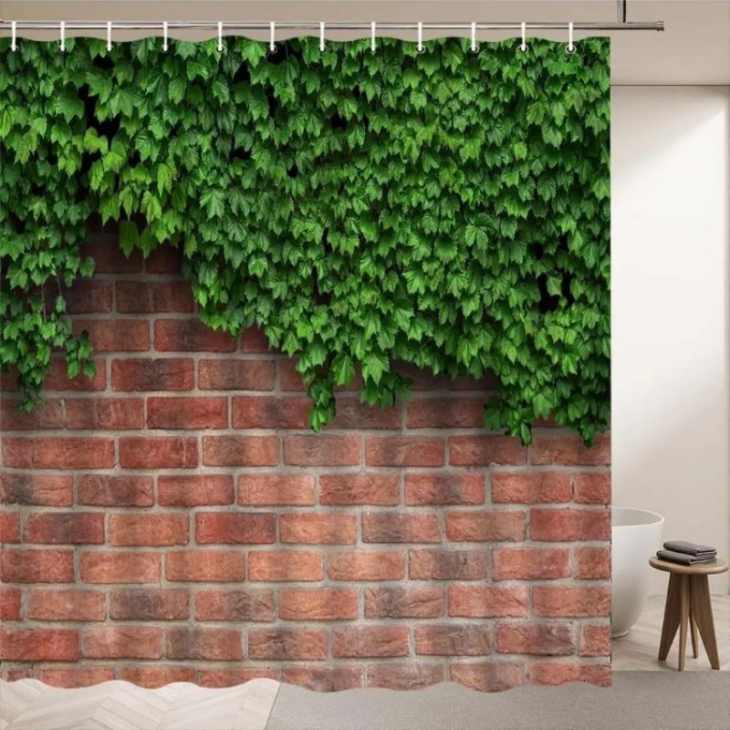 

Farm Brick Wall with Green Leafy Plants Shower Curtains Spring View Vine Leaves Rustic Farmhouse Country Themed Bathroom Decor 90x180CM