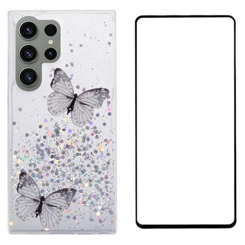 

For Samsung Galaxy S24 Ultra Case Butterfly TPU Epoxy Phone Cover with Screen Protector White