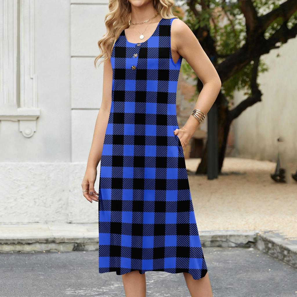Women's fashion casual sleeveless button plaid print dress with pocket