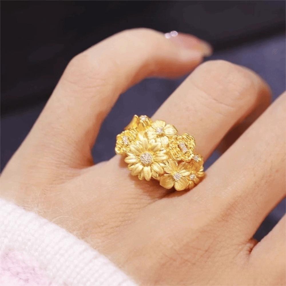 Glittering Floral Adjustable Ring Luxury Gold Plated Ring Rhinestone Accent Ring Women Accessories