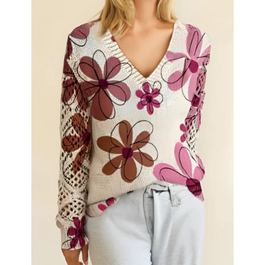 Elegant Autumn and Winter, Bohemian, Western-style Versatile Pullover V-neck Long Sleeved Women's Top, Trendy Women's Knitted Sweater