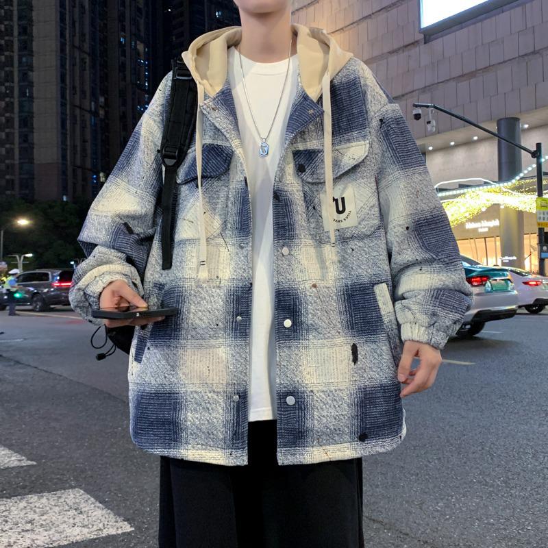 Men's Hooded Plaid Cotton Jacket - Spring/Autumn/Winter Workwear for Youth Students