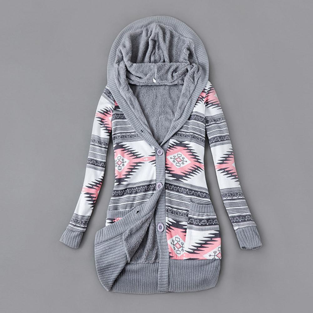 Women's Striped Printed Long Sleeved Autumn Winter Hoodie Button Plush Sweater Cardigan Jacket