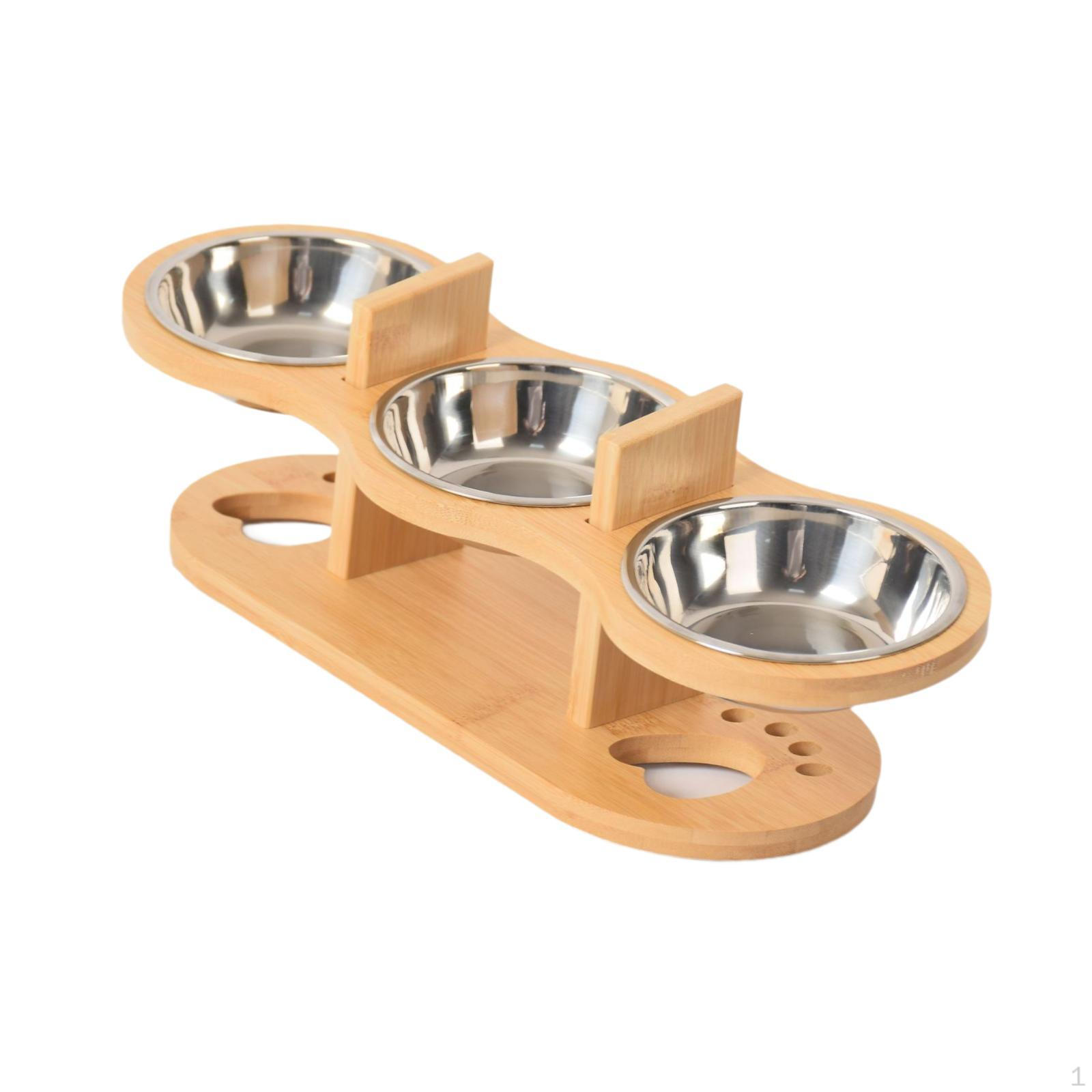 

Набор из 3 мисок для кормления кошек, приподнятая деревянная подставка для еды, против рвоты, нескользящая для Stainless Steel