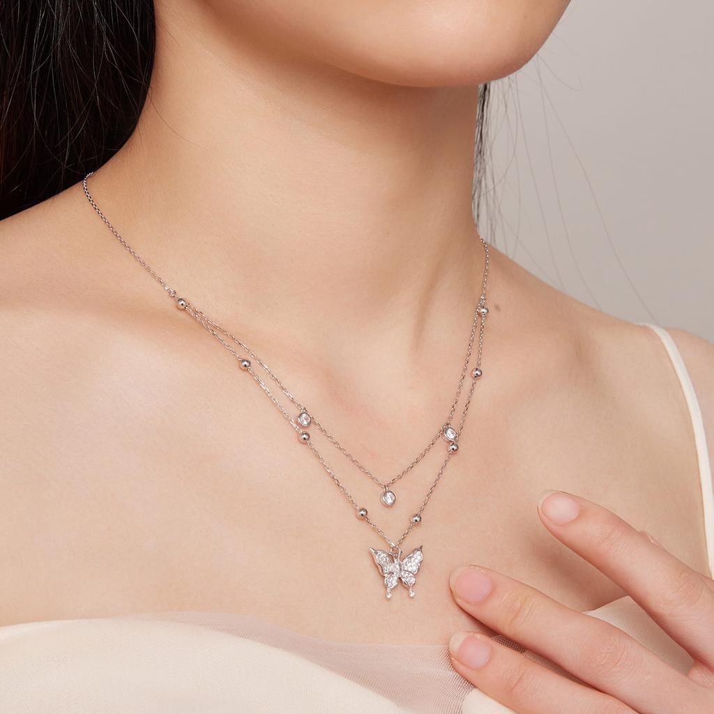 Silver Butterfly Necklace with Crystals, Adjustable Length
