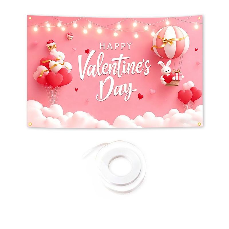 New pink Valentine's Day series backdrop banner, romantic heart-themed photo decoration flag