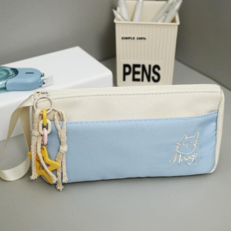 Himmelblaue bestickte Kätzchen-Federtasche - Großes Fassungsvermögen, 2025 Heißer minimalistischer niedlicher Mädchenstil