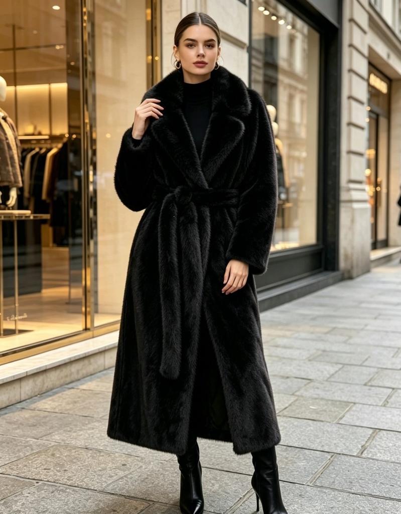 Source imitation fur jacket women's coat suit collar strap waist extended winter coat