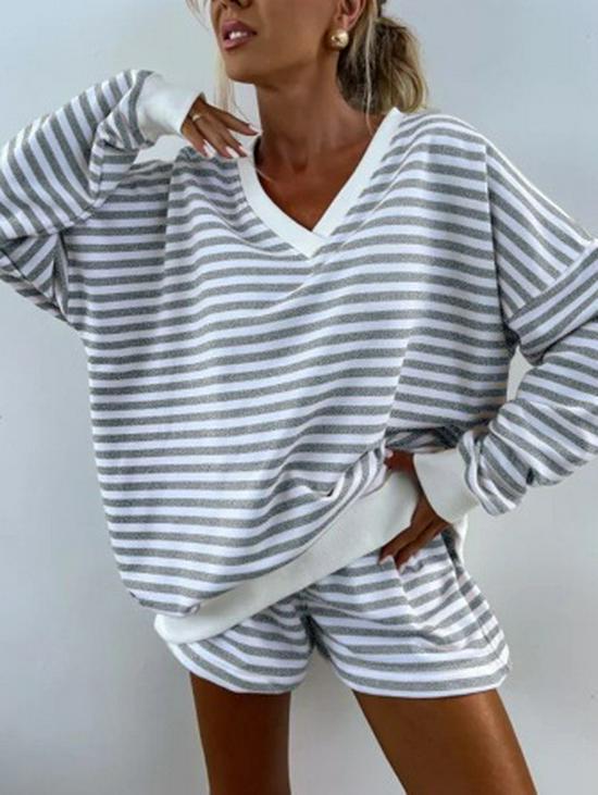 Summer Women's Striped V-Neck Top & Shorts 2-Piece Set