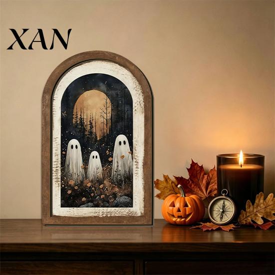 Farmhouse Ghost Decor Halloween Wall Decor, Cute Table Sign, Vintage Arch Framed Autumn Fireplace Accent Picture, Decorative Art for Mantel