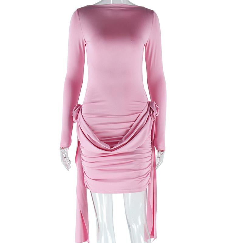 

Модное женское платье в европейском и американском стиле с круглым вырезом, длинными рукавами, короткой юбкой на шнуровке с цветочным декором, юбкой с запахом на ягодицах S розовый