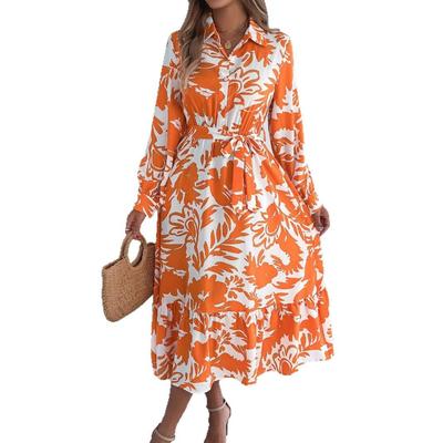 Women's Spring Summer Casual Floral Long Sleeve Ruffle Long Shirt Dresses