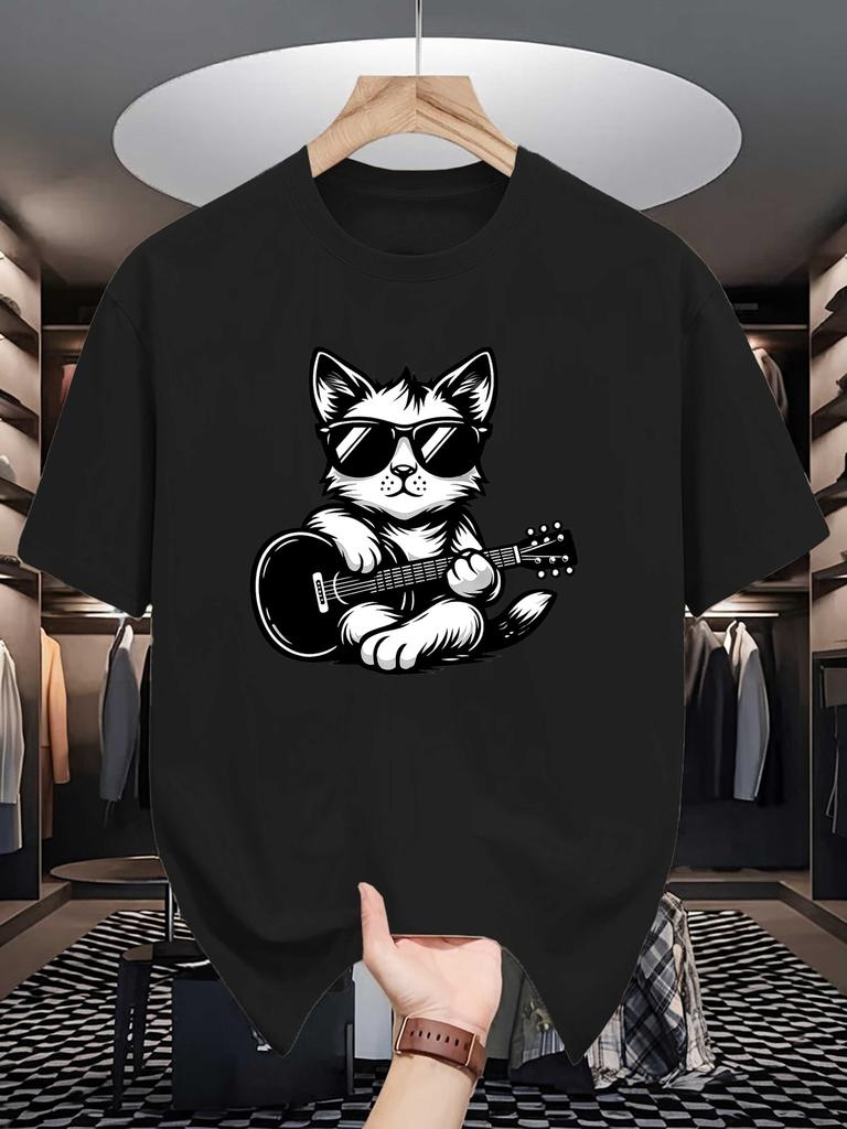 Unisexs Crew Neck T Shirt Hip Cat Sunglasses Play Guitar Rock Music Cartoon Graphic Short Sleeve Casual Cotton Street Tees