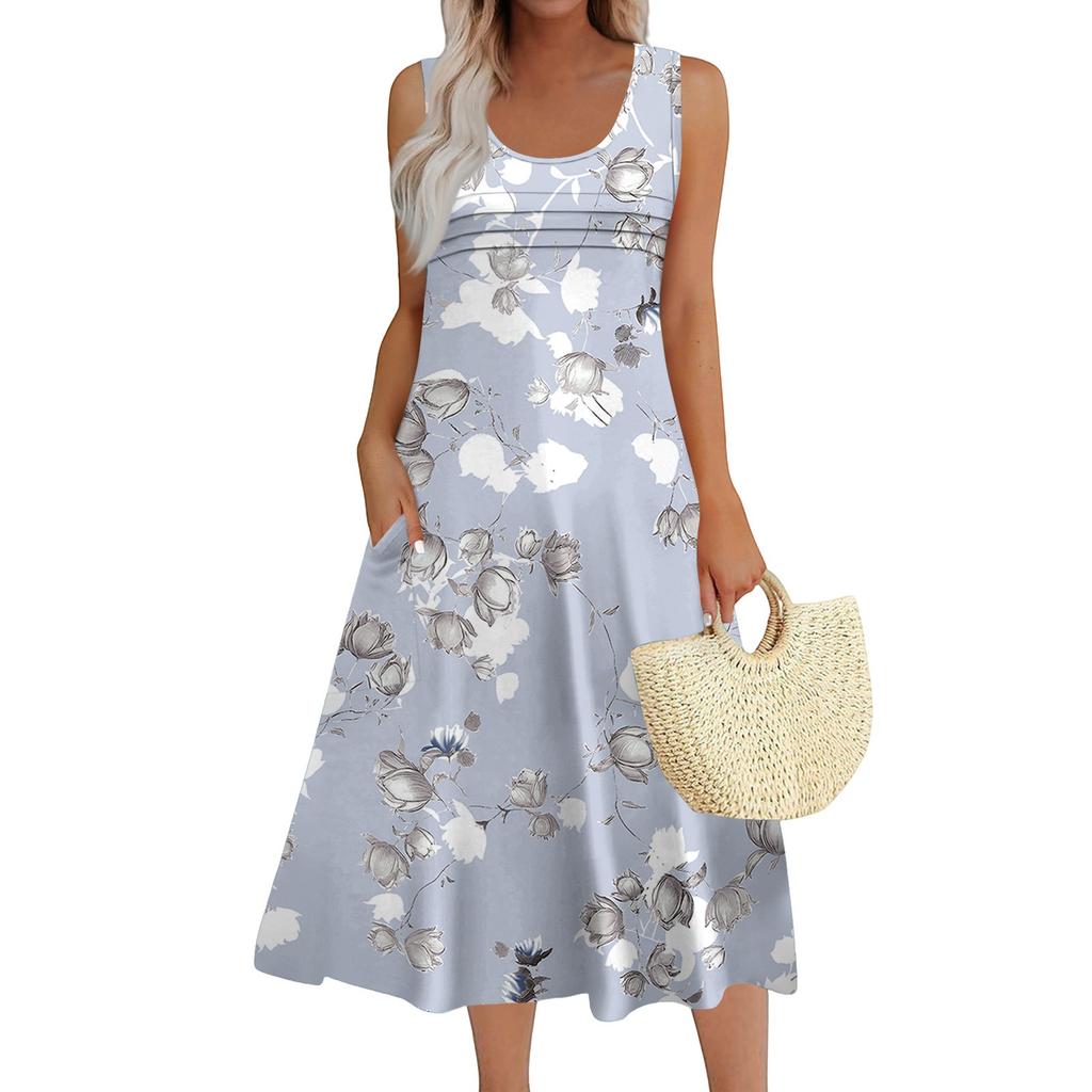 Women's Fashion Round Neck Sleeveless Pleated Beach Dress With Pockets Long Floral Dresses