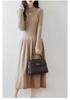 Retro Chinese Stand Collar A-Line Wool Knit Dress, Knee-Length Loose Fit for Autumn/Winter