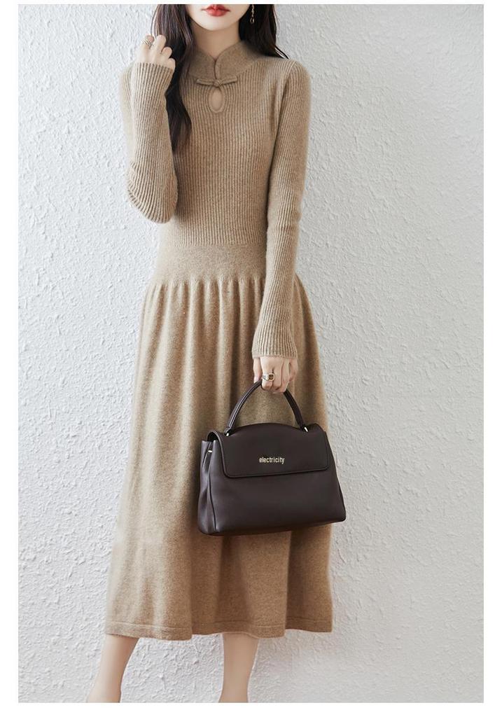 Retro Chinese Stand Collar A-Line Wool Knit Dress, Knee-Length Loose Fit for Autumn/Winter