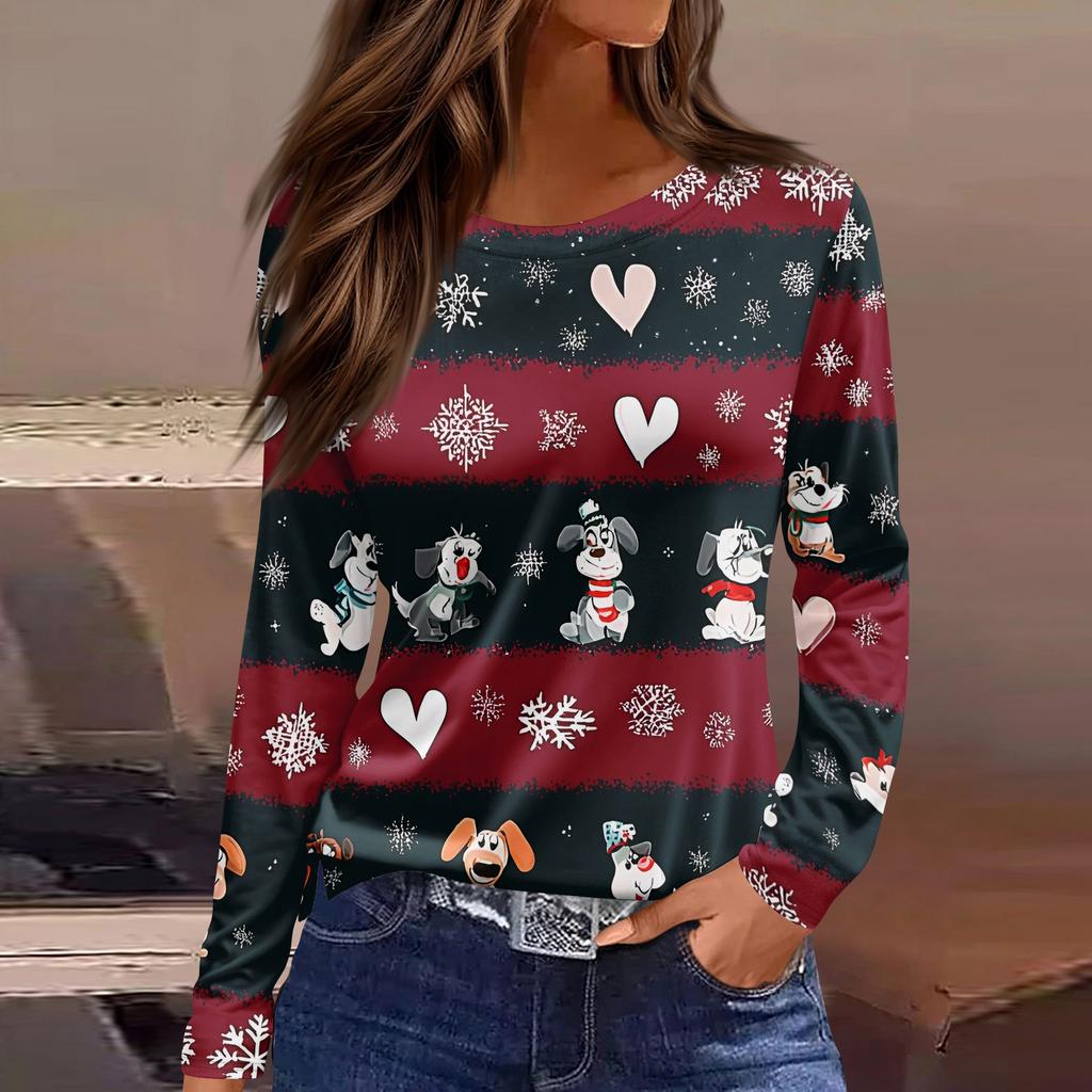 Women's Fashion Casual Slit Hem Round Neck Long Sleeve Loose Christmas Printed T-Shirt Ladies Top