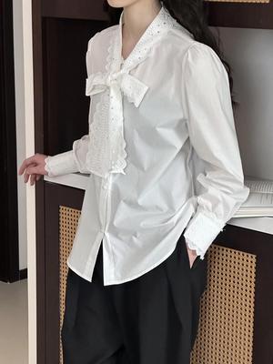 Juzhi 2025 Women's Early Spring Korean-Style Bow White Shirt, Chic Top 8889