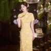 Yellow Vintage Chinese-Inspired Long Cheongsam Dress Women Short Sleeve Retro Daily Wear Bamboo Linen Blend