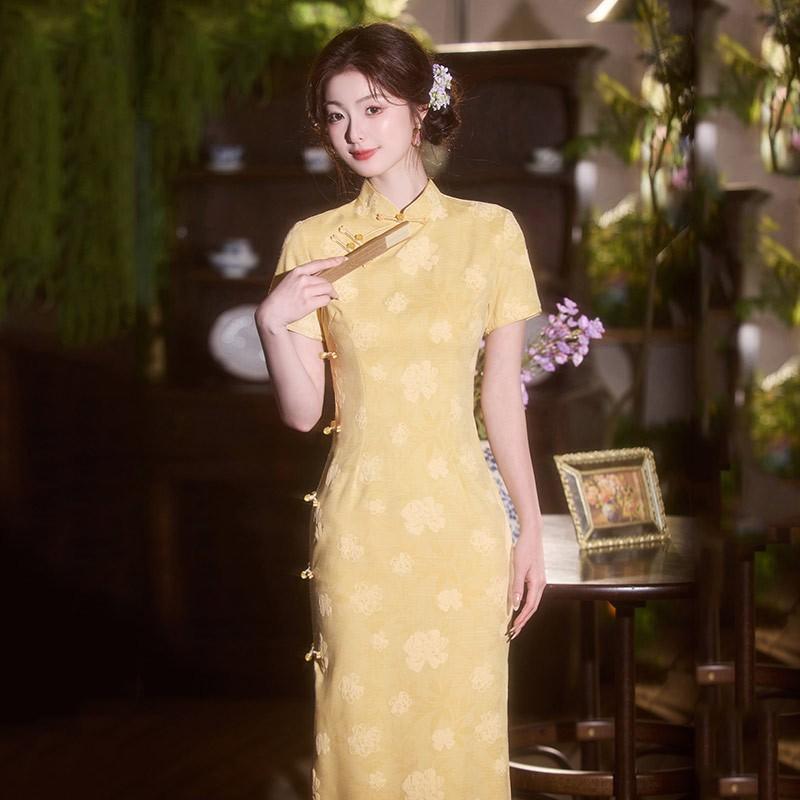 Yellow Vintage Chinese-Inspired Long Cheongsam Dress Women Short Sleeve Retro Daily Wear Bamboo Linen Blend