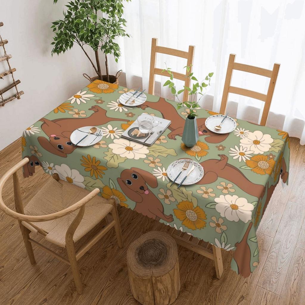 Rectangular Couple Dachshund Dog Pattern With Heart Table Cloth Waterproof Tablecloth Outdoor Table Cover
