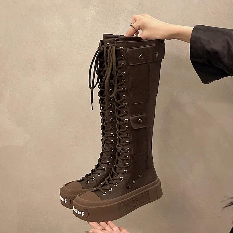 

Модные женские платформенные балетки до колена, мотоциклетные ботинки, кожаная обувь, зима 2025, роскошный новый модный бренд, челси на шнуровке, боты для женщин 40