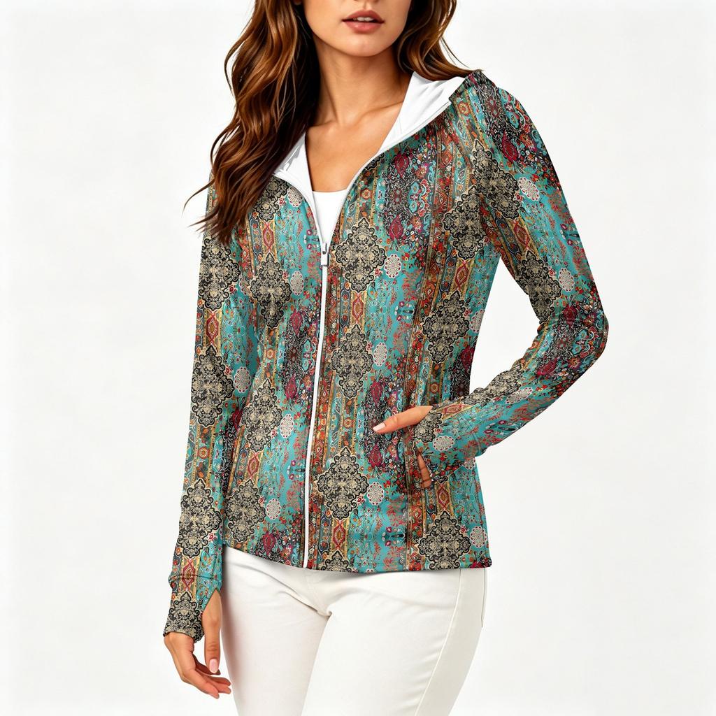 Women's Lightweight Long Sleeve Zip Up Hoodie with Hood and Pockets Floral Print Sun Protection Jacket for Outdoor Activities