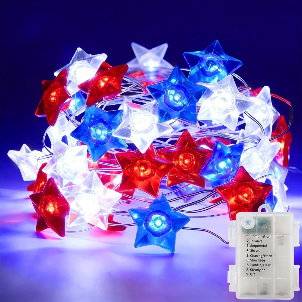 

30 LED Patriotic String Lights Red White Blue Star Flag Fairy Lights Battery Operated 8 Modes Remote Timer for 4th July Memorial Day Decor Star & 1m 10led