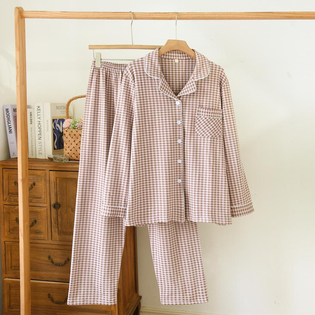 De Velvet Couple's Autumn/Winter Pajama Set: Women's Simple Check Long Sleeve & Men's Loose Casual Home Wear, Also Suitable for Spring Outdoor Wear